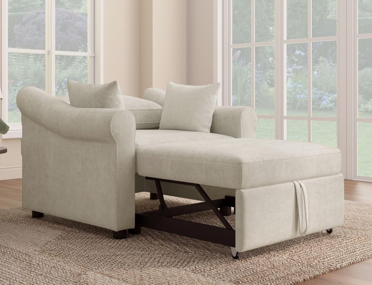 Merax Chenille Convertible Sleeper Chair with Pillow & Adjustable Backrest, Adult 3 in 1 Lounger Sofa Turns Into Chaise Lounge Recliner Single Bed for Living Room Balcony Bedroom Office, Beige