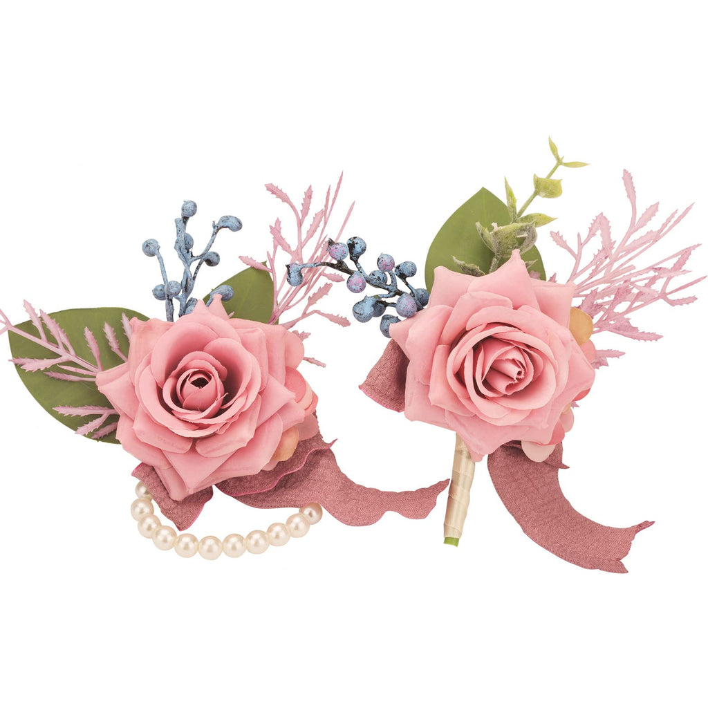 Weslymoo Dusty Pink Rose Wrist Corsage and Boutonniere Set Artificial Prom Flower Corsage Wristlet Band Bracelet and Boutonniere for Men Wedding Accessories Prom Stuff Decorations