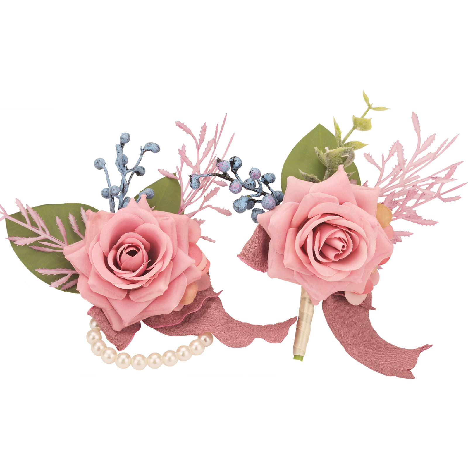 Weslymoo Dusty Pink Rose Wrist Corsage and Boutonniere Set Artificial Prom Flower Corsage Wristlet Band Bracelet and Boutonniere for Men Wedding Accessories Prom Stuff Decorations