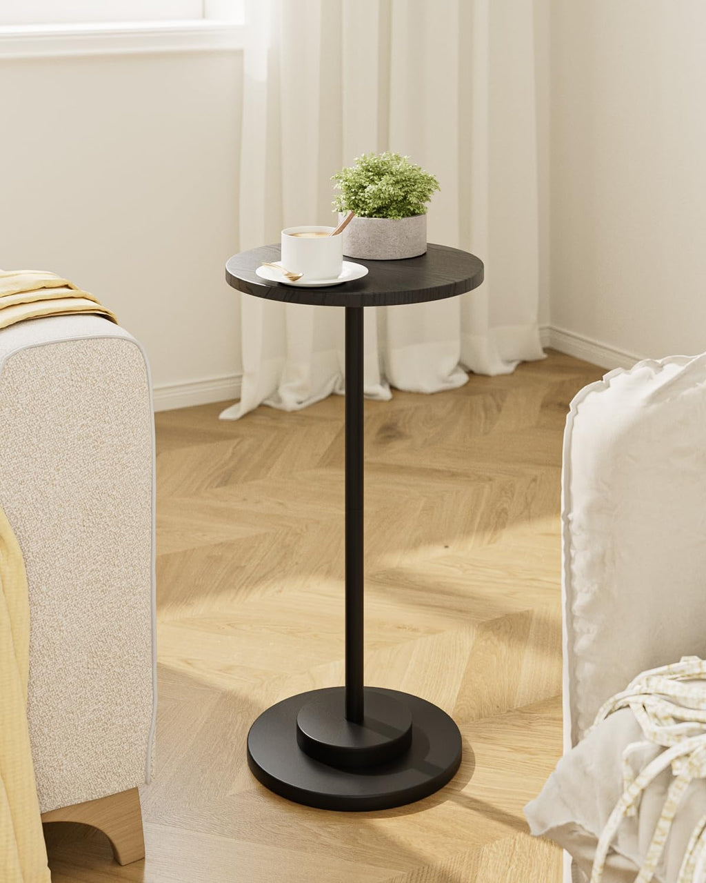 Masupu Drink Table, Round Side Table for Small Spaces, Pedestal Small End Table with Metal Base, for Living Room, Bedroom, Bathroom, Rustic Brown