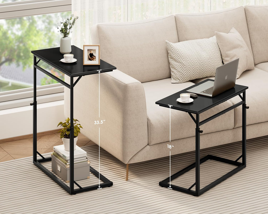 Vagusicc C Shaped End Table, 33"Tall Side Table for Couch, C-Table Sofa Table Adjustable Height Side Table, Large Surface Slide Under Couch Table, Coffee Table TV Tray for Living Room, Bedroom, Black