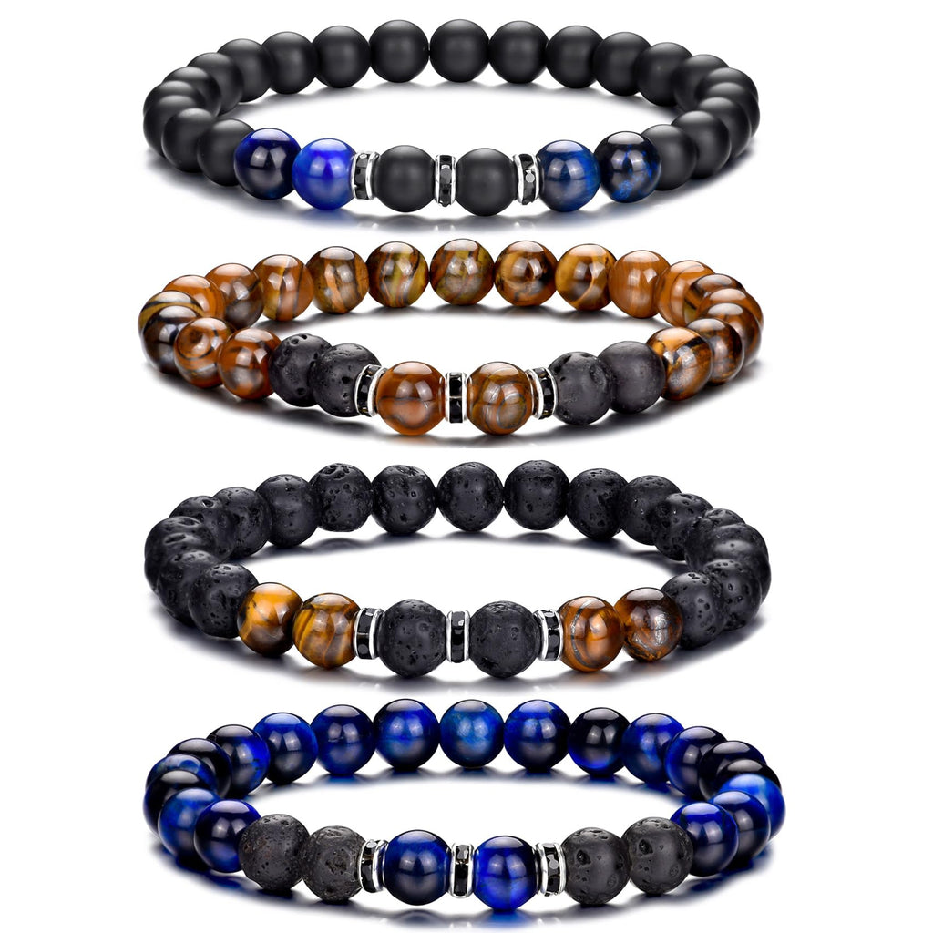 RANKEEF Tiger Eye Bracelet For Men 8MM Natural Stone Stretch Adjustable Black Crystal Beaded Bracelet for Men Women Gifts