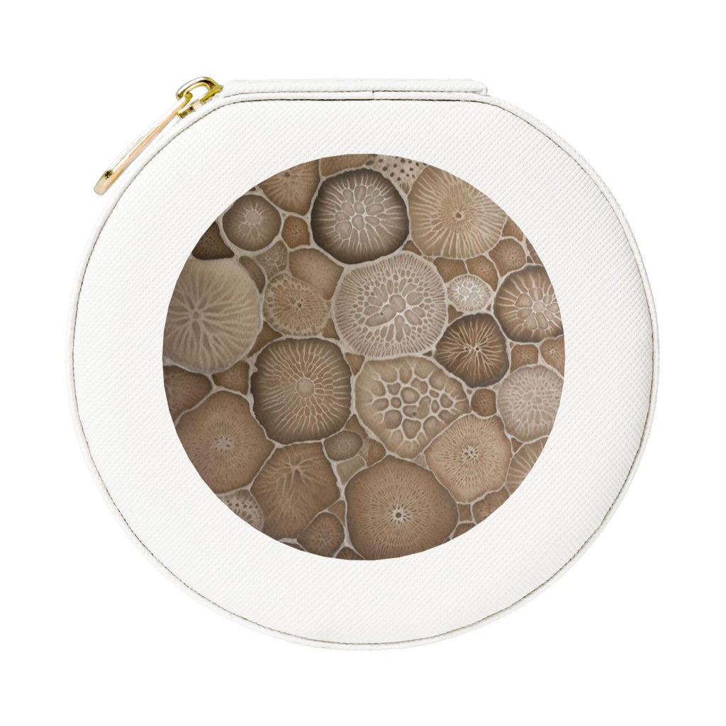 Petoskey Stone Printed Leather Jewelry Box, Black Round Jewelry Organizer for Earrings, Rings, Necklaces, Bracelets