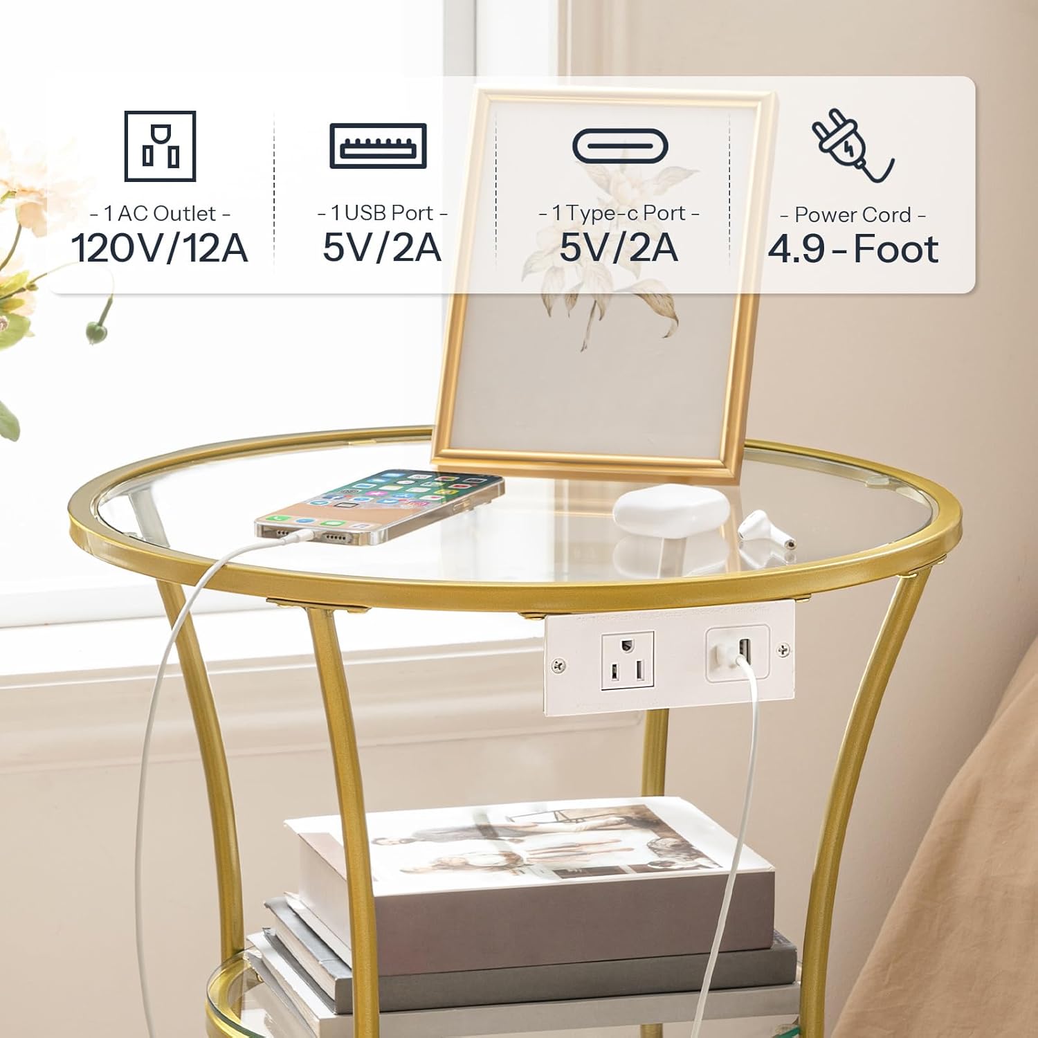 HOOBRO Round Coffee End Table with Charging Station, 2-Tier Small Accent Side Table with Glass Top, Round Nightstand for Small Space in Living Room, Bedroom, Gold GD83UBZ01