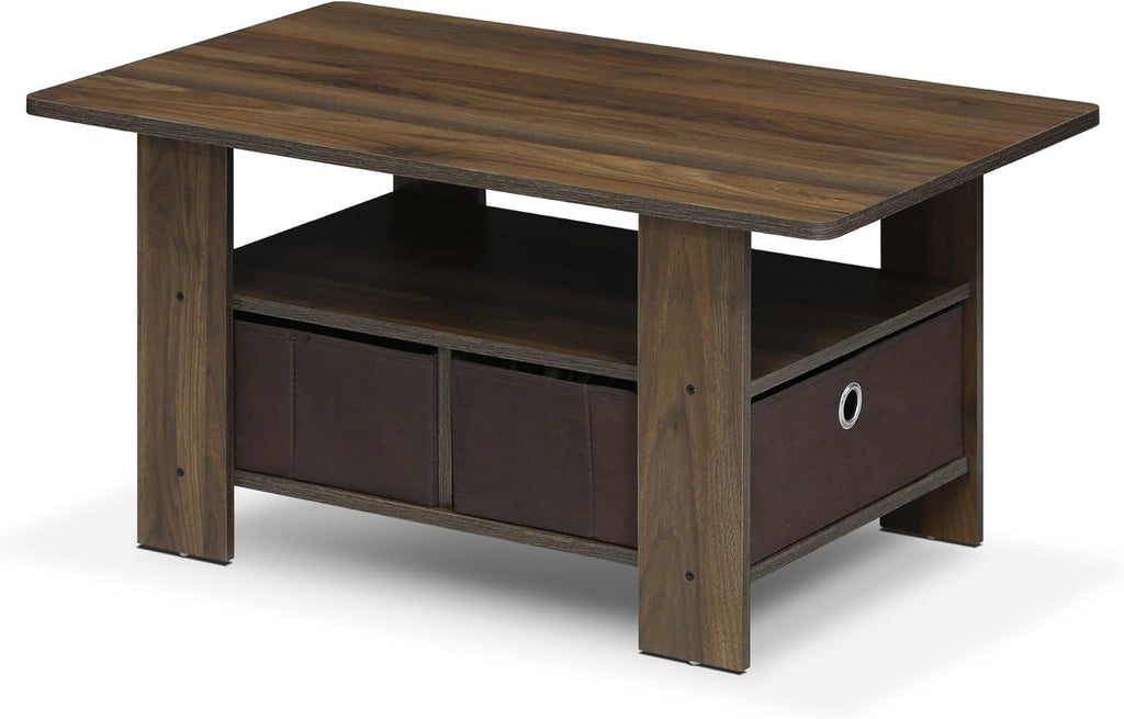 Furinno Andrey Coffee Table with Bin Drawer, Columbia Walnut/Dark Brown