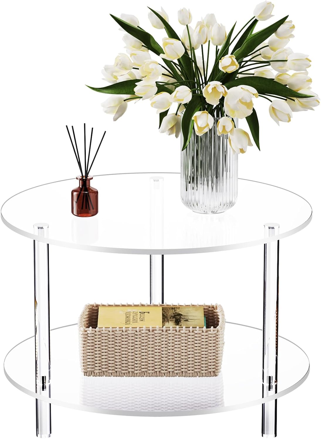 Acrylic Coffee Table, Small Round Modern Coffee Table for Living Room,23.6" D x 23.6" W x 16.5" H