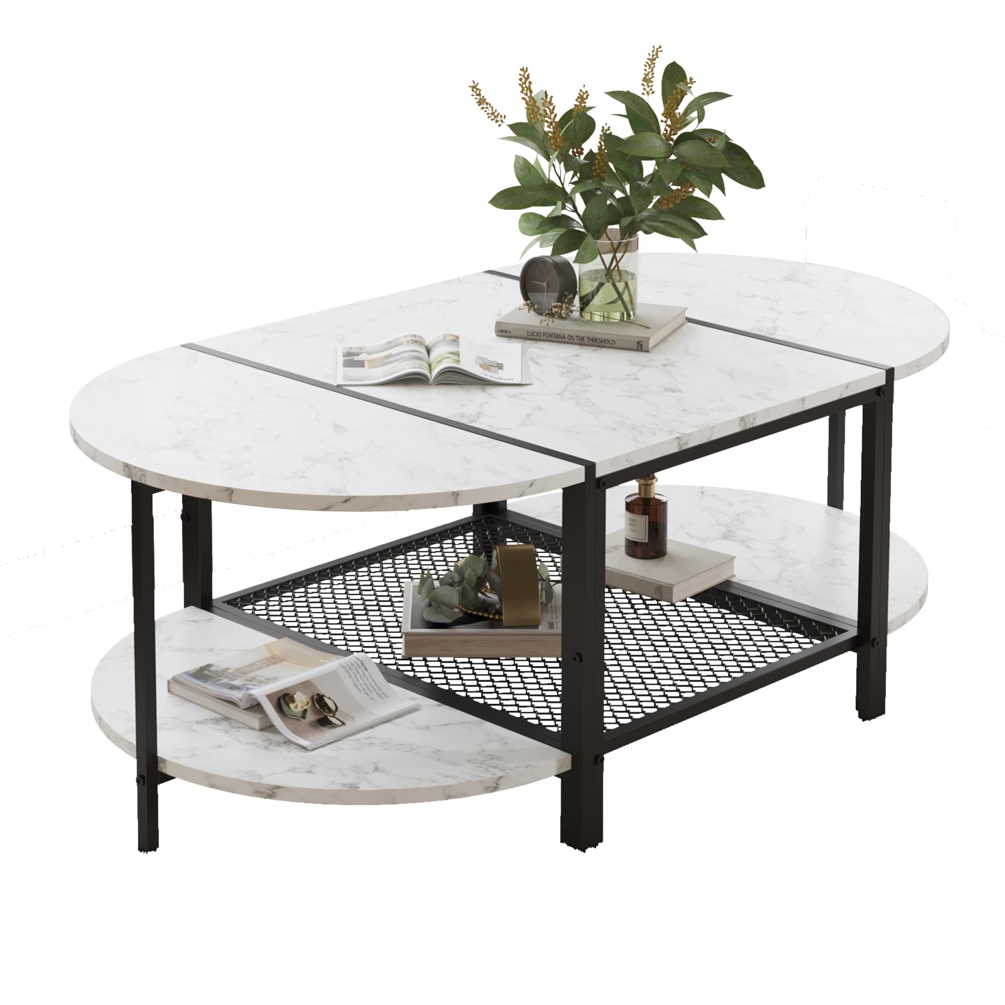 SENIG Small Brown Rectangle Wood and Metal Coffee Table with Storage Shelf for Small Living Rooms