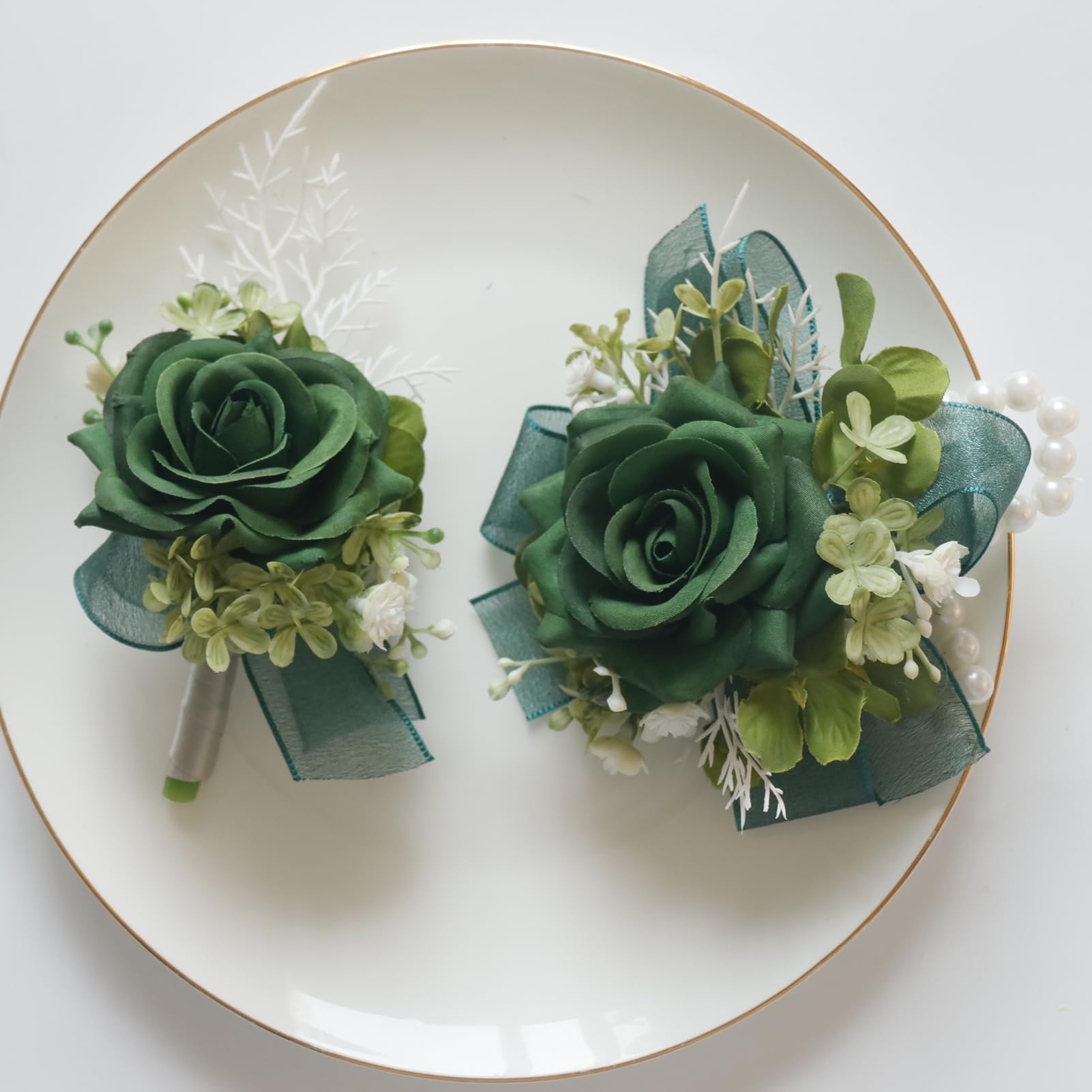 MAFELOE Corsage and Boutonniere Set for Wedding Prom Party Homecoming Celebration Artificial Flower Accessories Suit Decor 2 Pieces - Dark Green