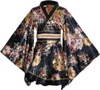 Womens Sexy Short Kimono Dress Floral Print Japanese Traditional Geisha Yukata Robe Bathrobe Skirt Belt Outfit (D05-Black, One Size)