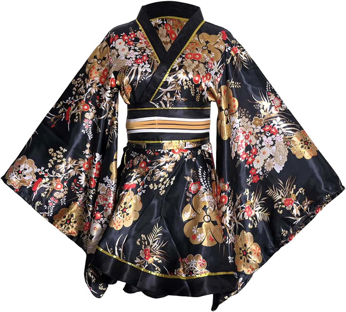 Womens Sexy Short Kimono Dress Floral Print Japanese Traditional Geisha Yukata Robe Bathrobe Skirt Belt Outfit (D05-Black, One Size)