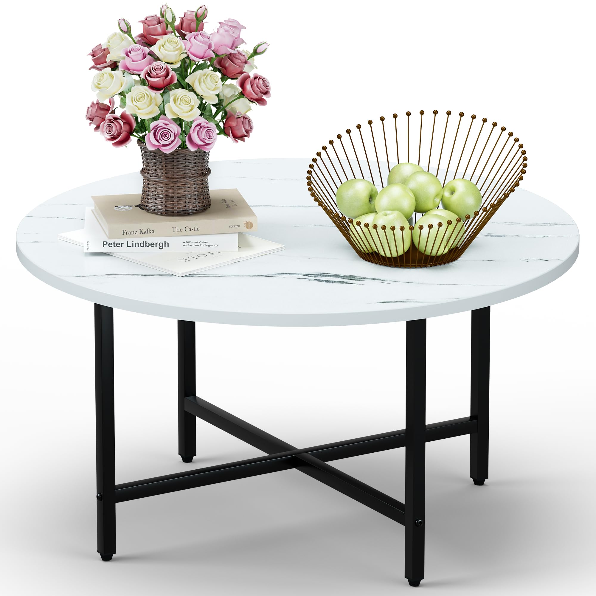 Coffee Table, 23.6" Coffee Tables for Living Room, Round Coffee Table with Metal Frame, Floor Table for Sitting on The Floor, Home, Office, Black