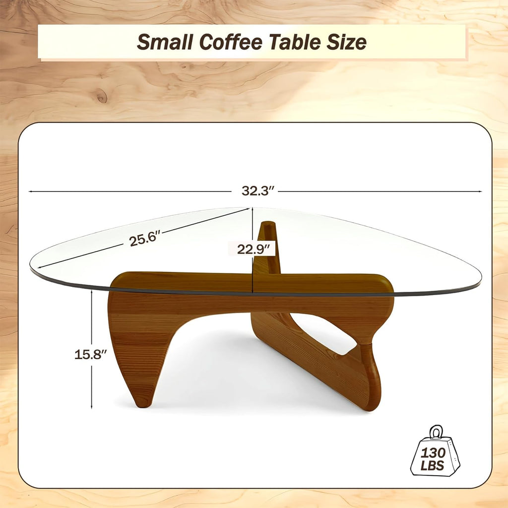 Modern Glass Coffee Table, 32.3″D×25.6″W×15.8″H-Abstract Unique Mid Century Triangle Center Table for Living Room, Minimalist Middle Tables for Home Office, Wooden Base