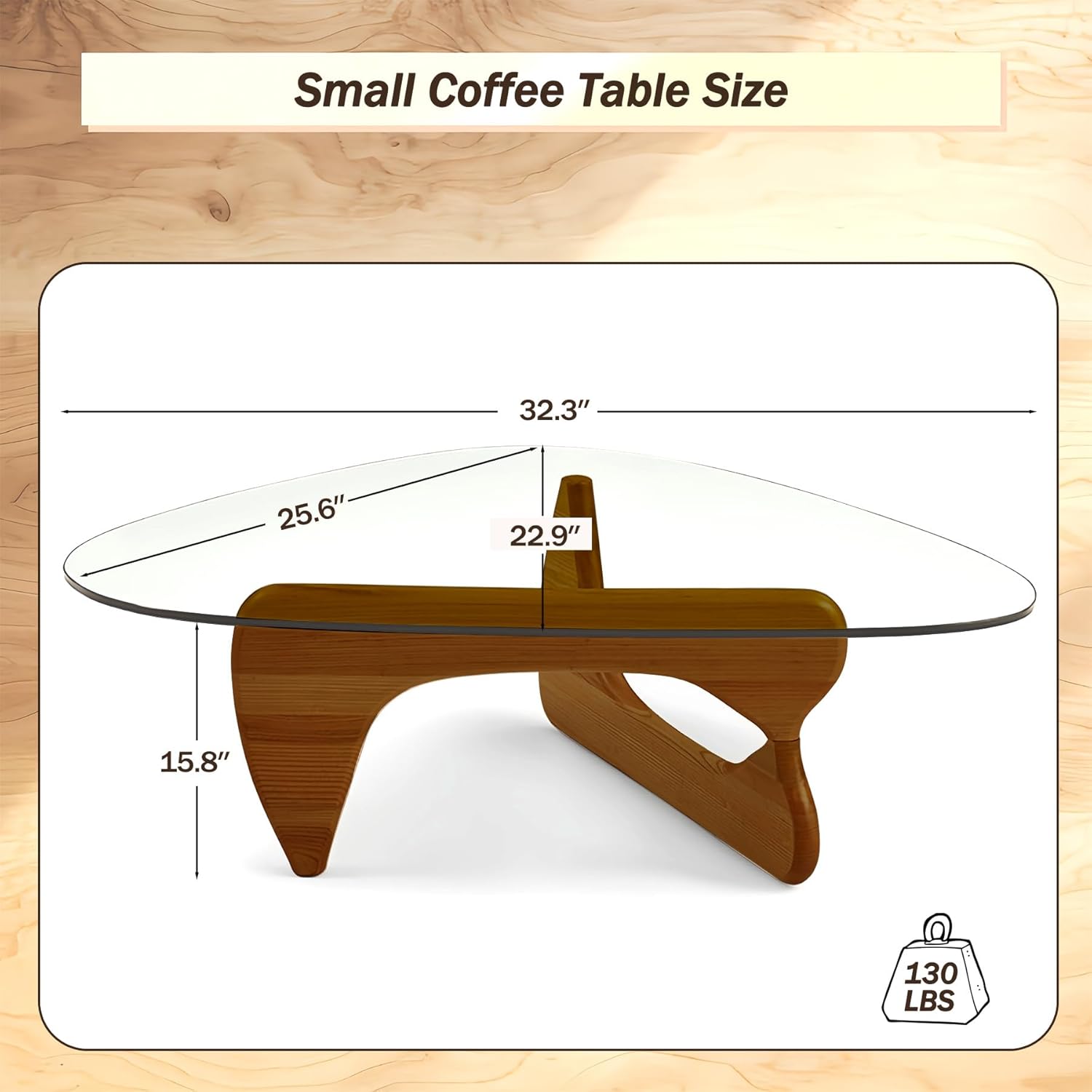 Modern Glass Coffee Table, 32.3″D×25.6″W×15.8″H-Abstract Unique Mid Century Triangle Center Table for Living Room, Minimalist Middle Tables for Home Office, Wooden Base