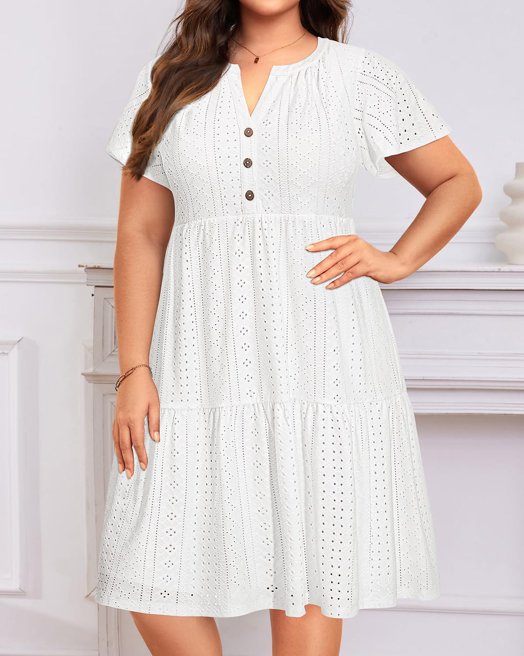 Talisea Plus Size White Dress Eyelet Summer Casual Beach Graduation Short Sleeve Ruffle Tiered Button Boho Sundress Women