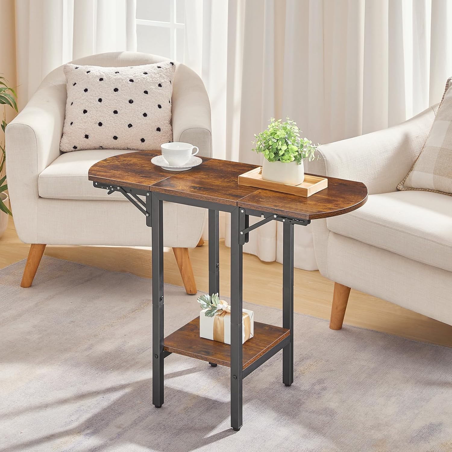 HOOBRO Folding Side Table, 2-Tier Sofa End Table with Expandable Desktop, Small Foldable Coffee Table, for Small Spaces, Living Room, Bedroom, Dorm, Apartment, Rustic Brown and Black BF172BZ01