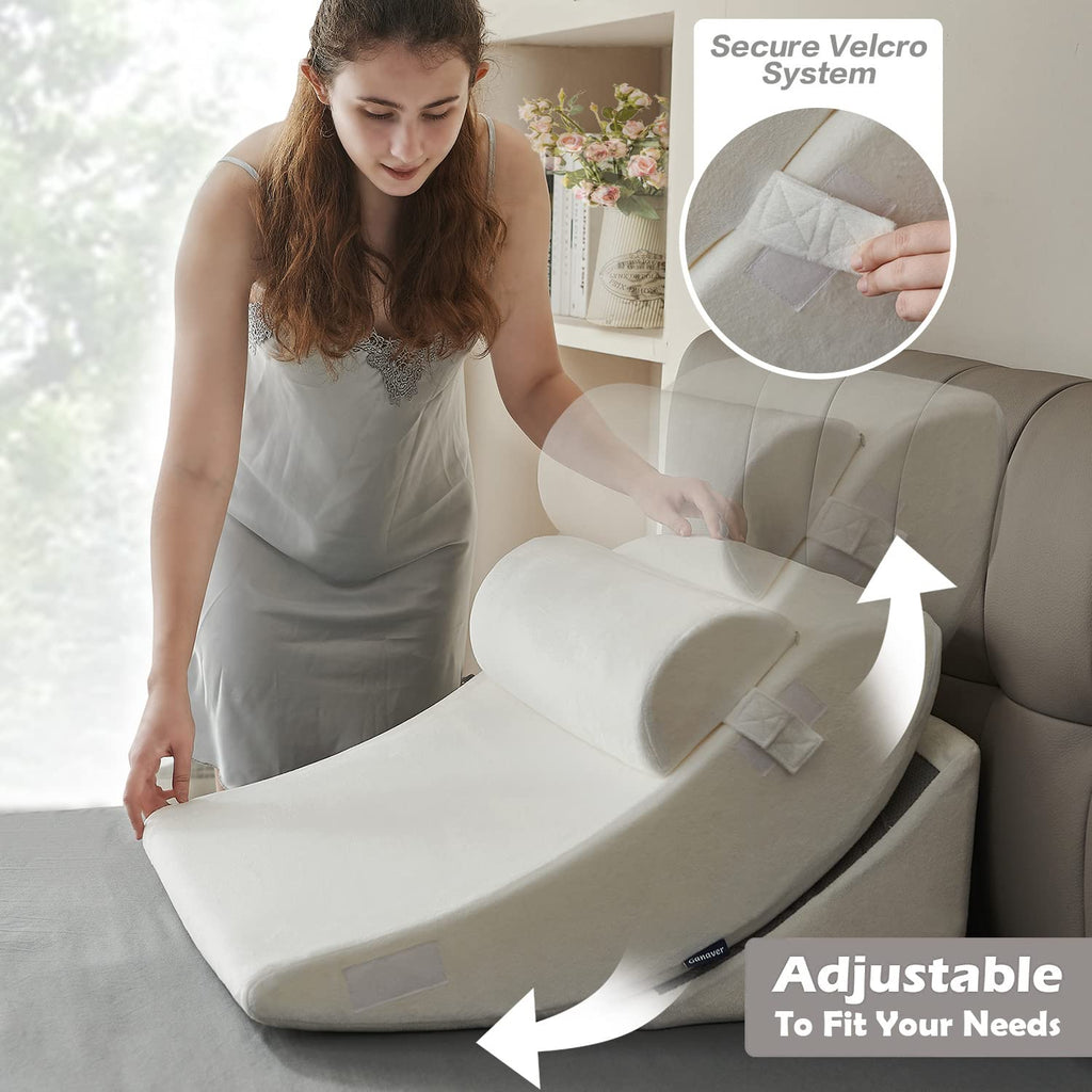 Ganaver 4-częściowy ortopedyczny klin do łóżka Zestaw poduszek Po operacji Relaksująca podpora pleców Regulowana poduszka pod głowę Trójkątna poduszka z pianki memory na refluks kwasowy, do spania, czytania, uniesienia nóg, chrapania