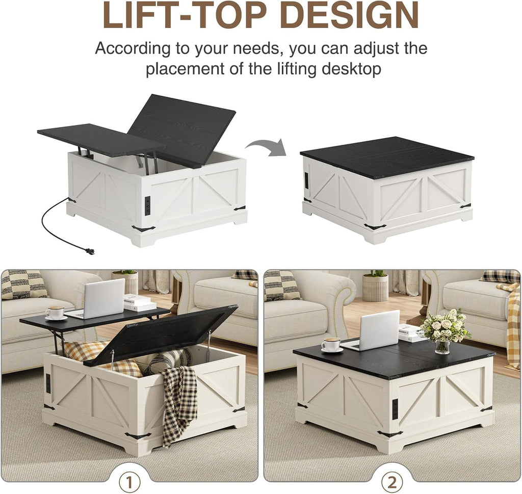 Coffee Table with Storage, 31.5" W Farmhouse Lift Top Wood Square Center Table with Charging Station, Rustic Cocktail Tables with Flip Top Lids for Living Room, Home Office, Rustic White