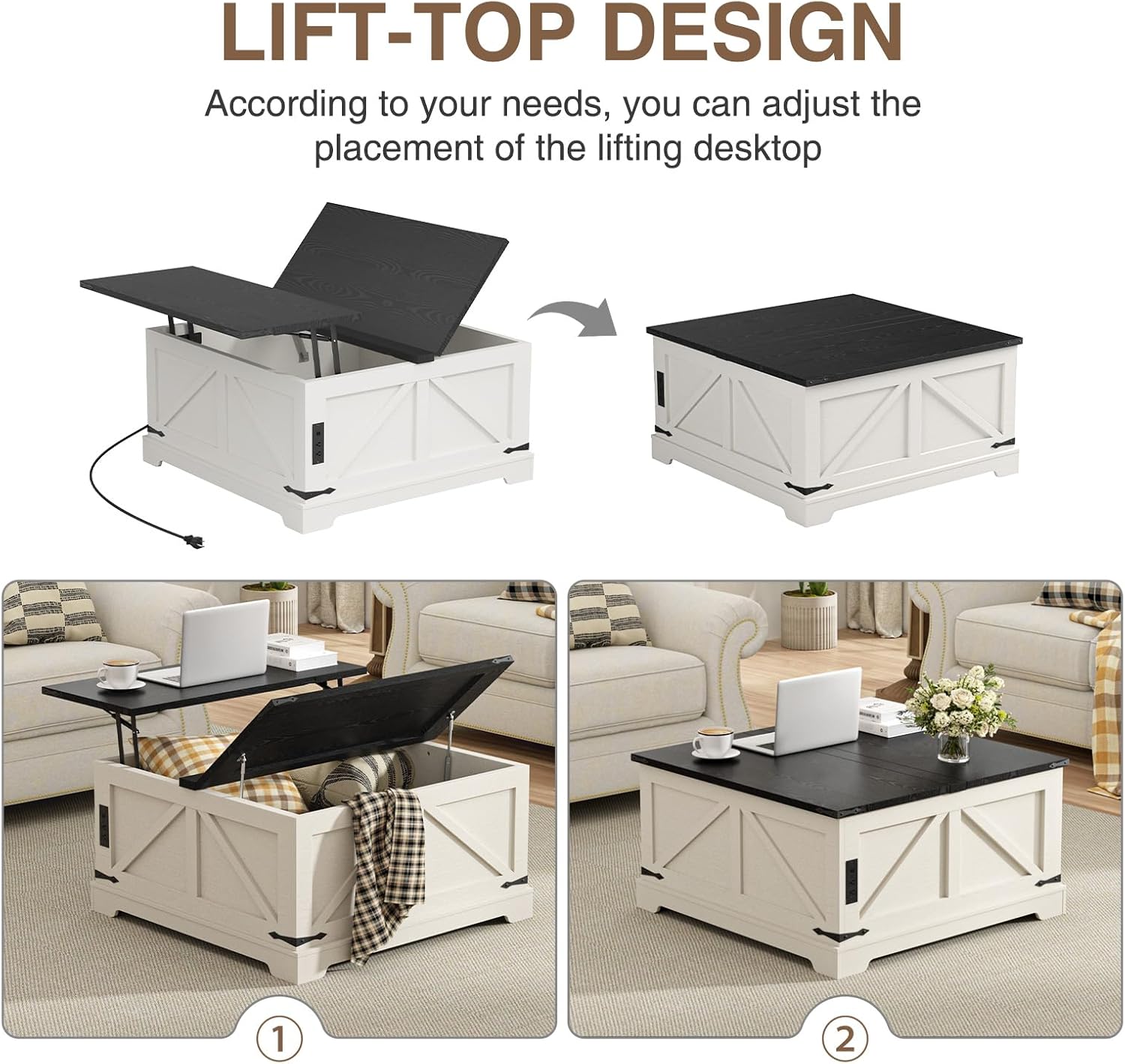 Coffee Table with Storage, 31.5" W Farmhouse Lift Top Wood Square Center Table with Charging Station, Rustic Cocktail Tables with Flip Top Lids for Living Room, Home Office, Rustic White