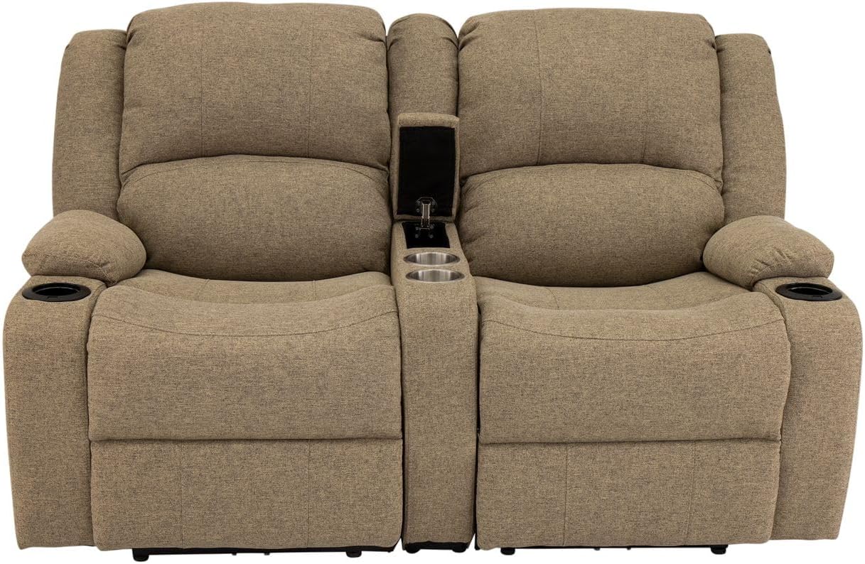 RecPro Charles 67" Double Recliner RV Sofa with Console and Cupholders | Zero Wall Loveseat for Camper | Wall Hugger Couch | Fifth Wheel Theater Seating | Replacement RV Furniture | Oatmeal Cloth