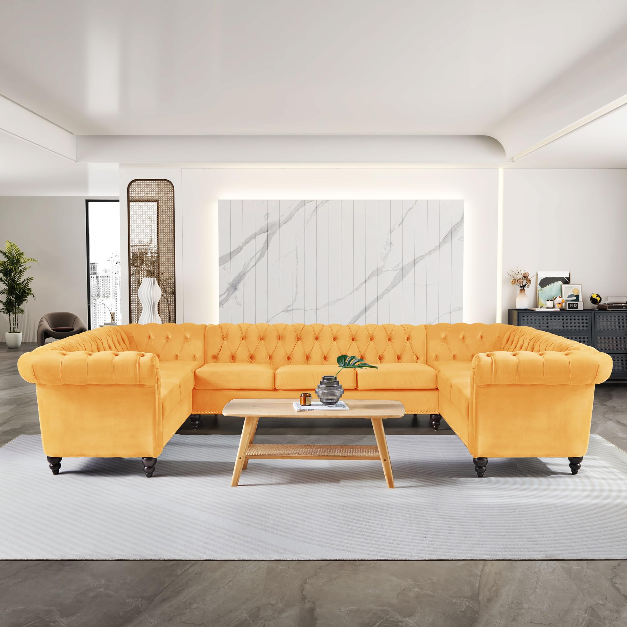 QHITTY L-Shaped Sofa, Sectional Chesterfield Leather Couch 5-Seater Upholstered Small Accent Tufted Sofa with Rolled Armrest and Nailhead Design for Living Room, Apartment, Office (Black)