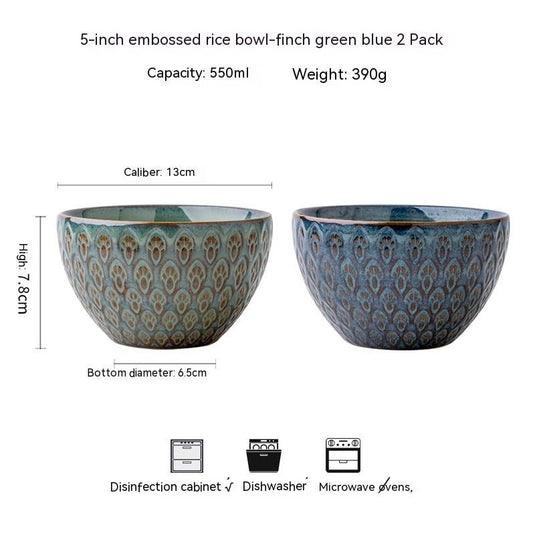 Household 5-inch Ceramic Peacock Relief Rice Bowl