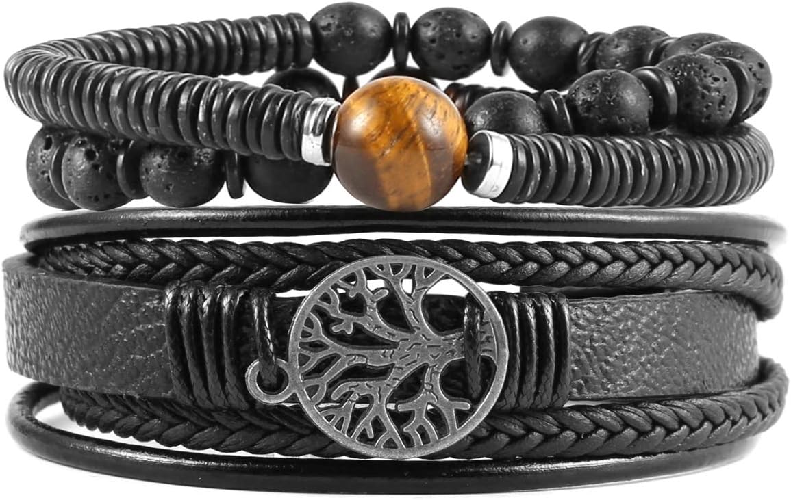 HZMAN Genuine Leather Tree of life Bracelets Men Women, Tiger Eye Natural Stone Lava Rock Beads Ethnic Tribal Elastic Bracelets Wristbands