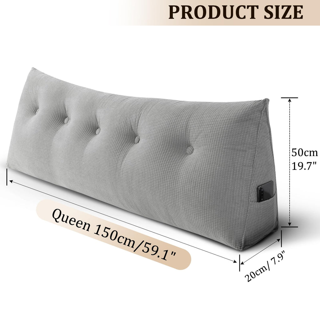 Huatean Home Headboard Pillow Queen, Backrest Triangular Wedge Pillow Headboard Queen, Large Cushion Headboard Wedge Pillows for Sitting in Bed, Daybed Bolster Pillow Headboard for Back Support, Gray