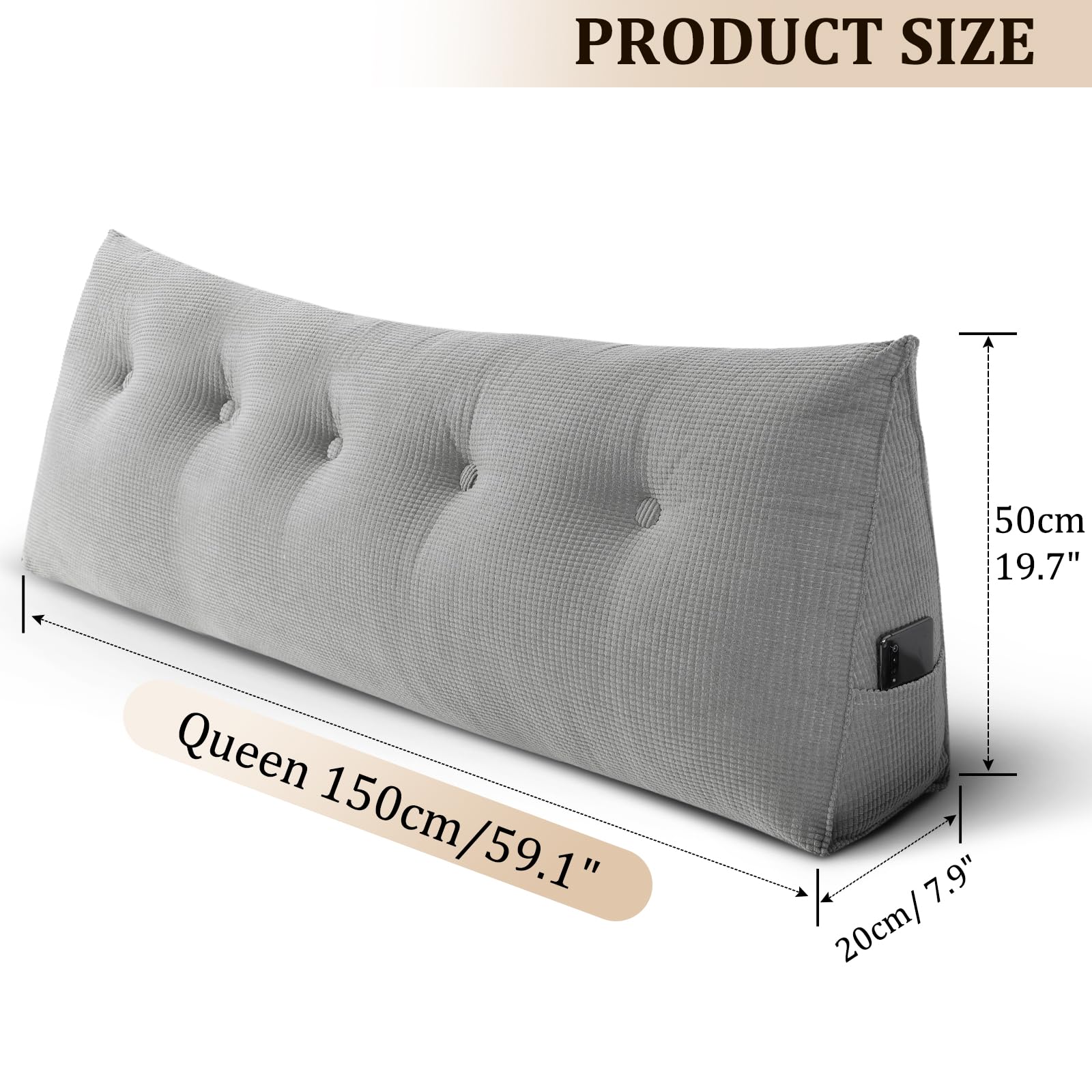 Huatean Home Headboard Pillow Queen, Backrest Triangular Wedge Pillow Headboard Queen, Large Cushion Headboard Wedge Pillows for Sitting in Bed, Daybed Bolster Pillow Headboard for Back Support, Gray