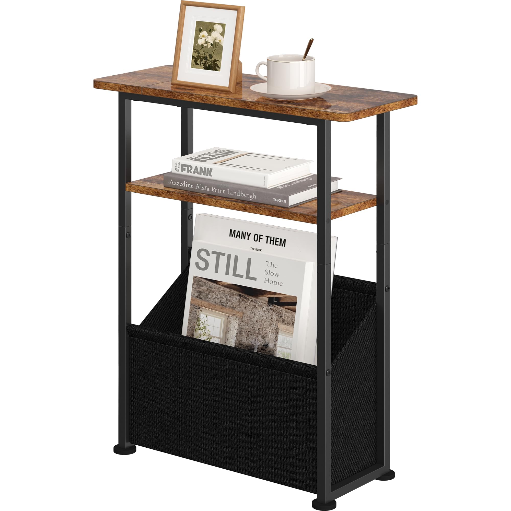 Yusong Small Narrow Side Table for Small Spaces, Slim End Table with Storage Bag, Sofa Snack Table with Adjustable Metal Mesh, 3 Tier Accent Skinny Beside Table for Living Room & Bedroom, Black Oak