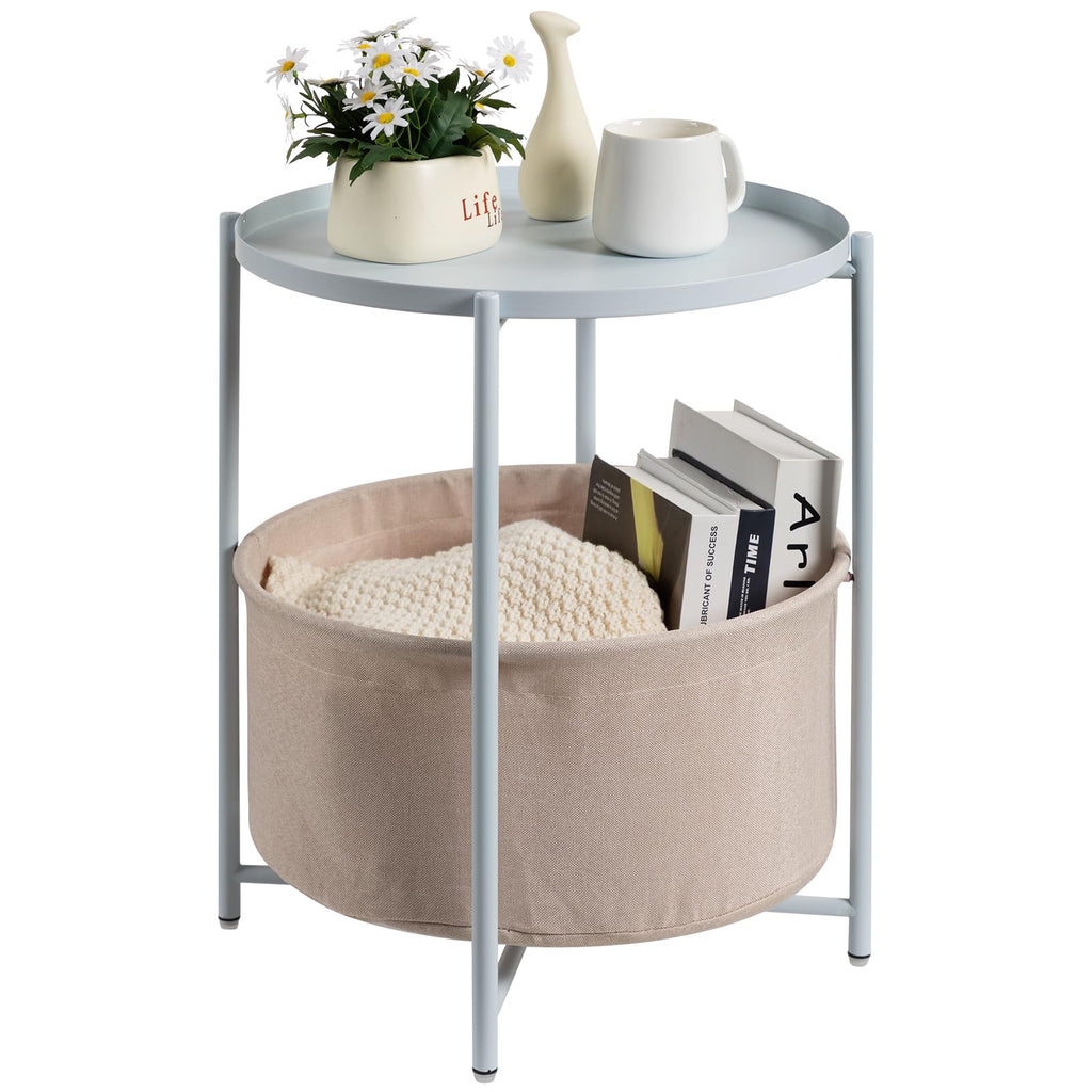 danpinera Round Side Table with Fabric Storage Basket, Metal Side Small Bedside Table Nightstand with Removable Tray Top for Living Room, Bedroom, Nursery, Laundry, Gold