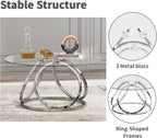 O&K FURNITURE Silver Coffee Table, Modern Glass Coffee Table Living Room Table with Ring-Shaped Frames, Glass Coffee Table for Home&Office, Chrome Finish, 1 PC