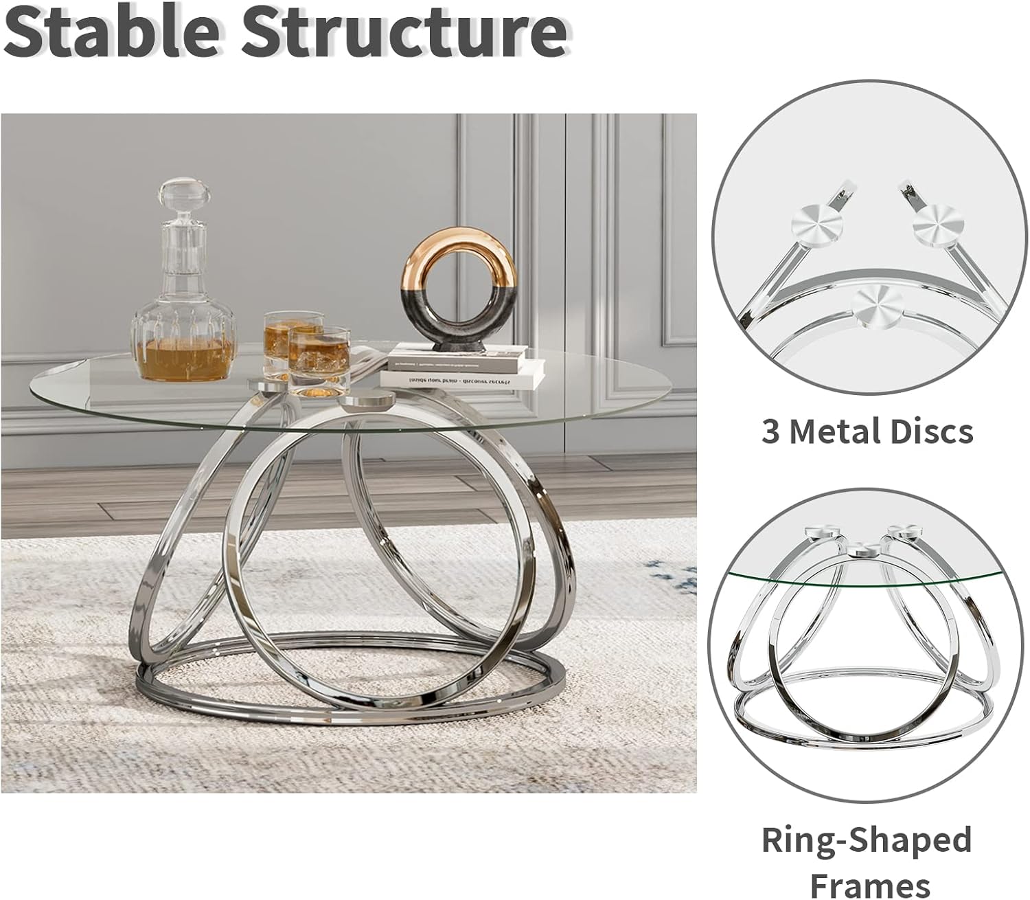 O&K FURNITURE Silver Coffee Table, Modern Glass Coffee Table Living Room Table with Ring-Shaped Frames, Glass Coffee Table for Home&Office, Chrome Finish, 1 PC