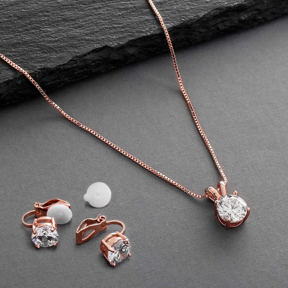 Mariell 14K Rose Gold Plated Cubic Zirconia Jewelry Set - 2cwt Round Pendant with 8mm Clip-On Earrings