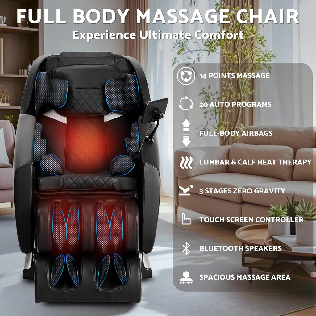 Massage Chair, Zero Gravity Full Body Massage Chair, Shiatsu Recliner with 14 Massage Points, Lumbar & Calf Heating, 20 Auto Modes, Spacious Massage Area, Bluetooth Speaker, Touch Screen Controller