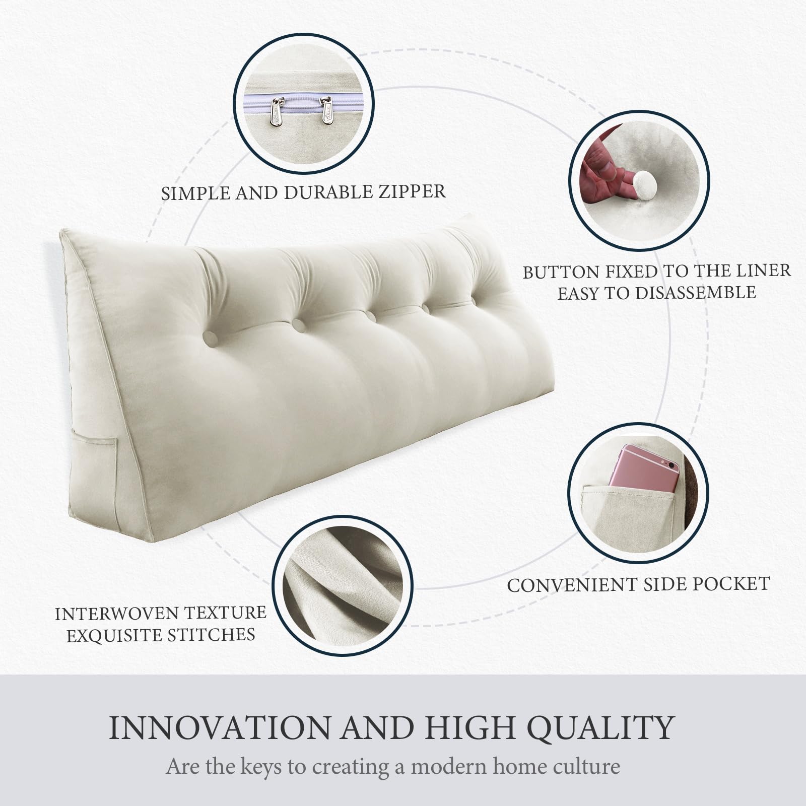 11 lbs Thickened Queen Headboard Pillow for Sitting Up in Bed, Back Support Reading Pillow with Side Pocket and Velvet Removable Cover, Triangular Large Wedge Headboard Pillow