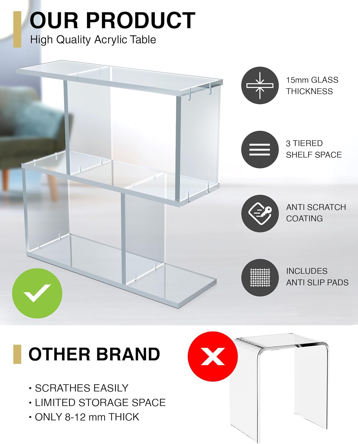 Arteriors Acrylic Coffee Table for Living Room - Clear Furniture End Table