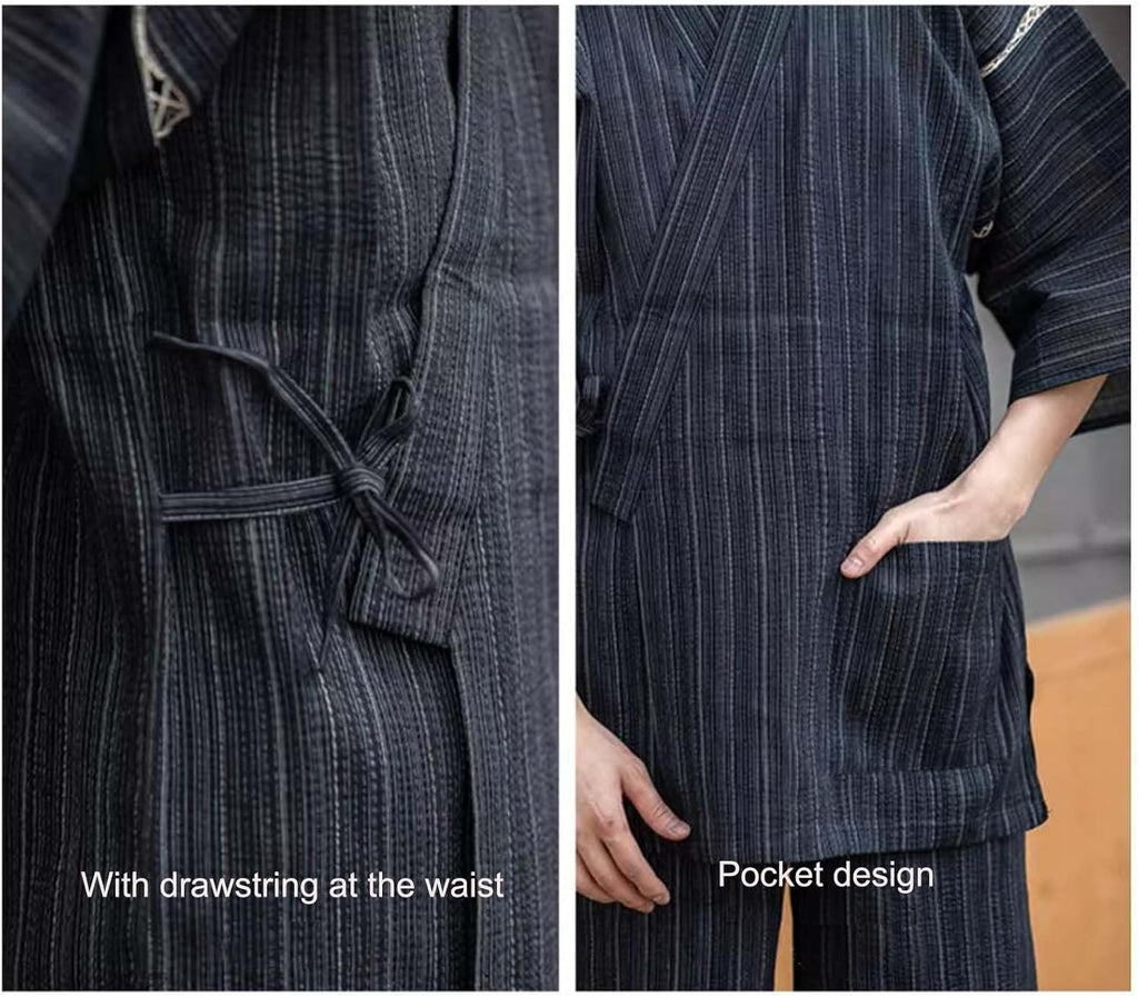 Men's Kimono Japanese Jinbei Shirt and Pant Cotton Linen Loungewear Lounge Set Spa Bathrobe, Style 5 Multicolor