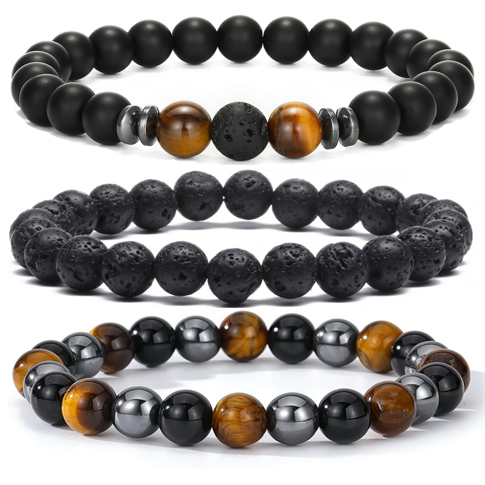 MengPa Mens Beaded Bracelets Couples Matching Bracelet Set Lava Rock Beads for Women Stone Jewelry