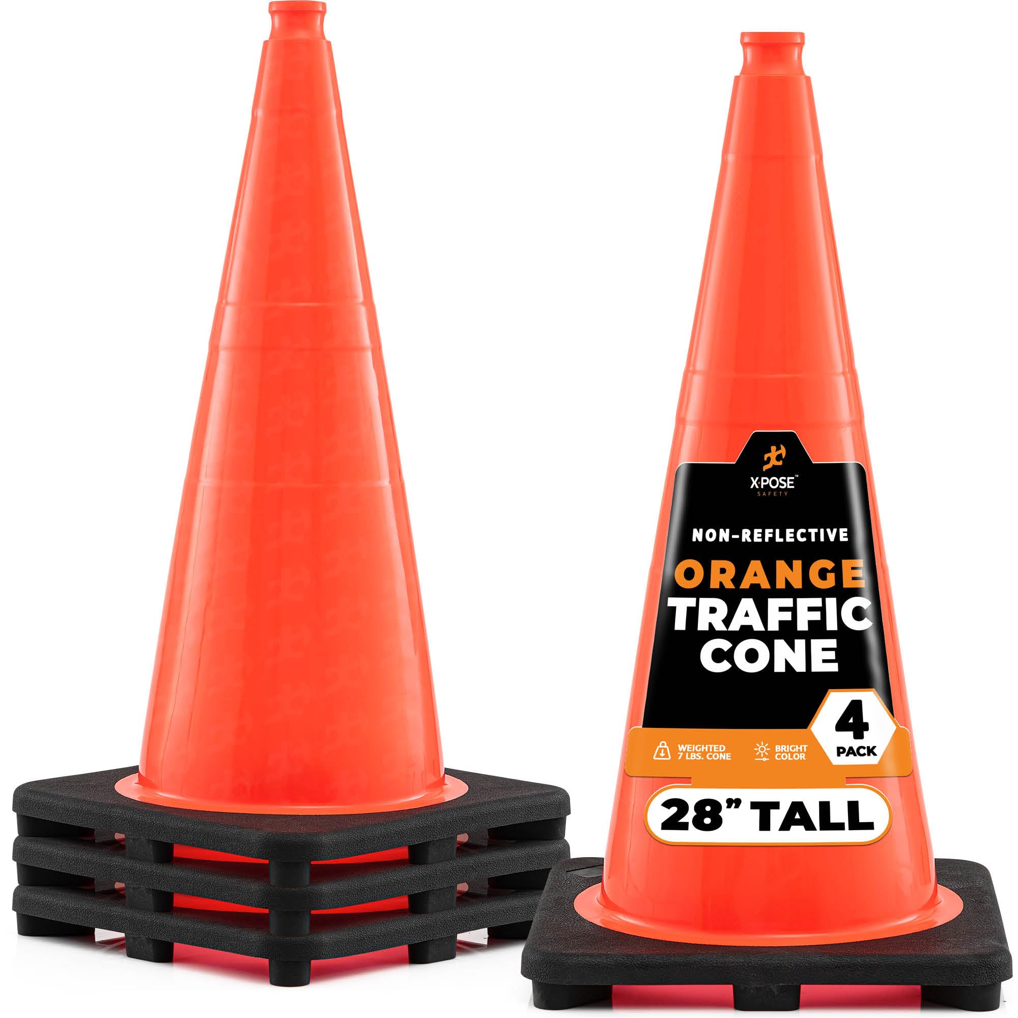 Xpose Safety 28 Inch Orange Traffic Cones Heavy Duty 10lb, 24-Pack - Multipurpose PVC Plastic Safety Cone for Parking, Soccer, Caution, Kids and Construction - DOT Approved