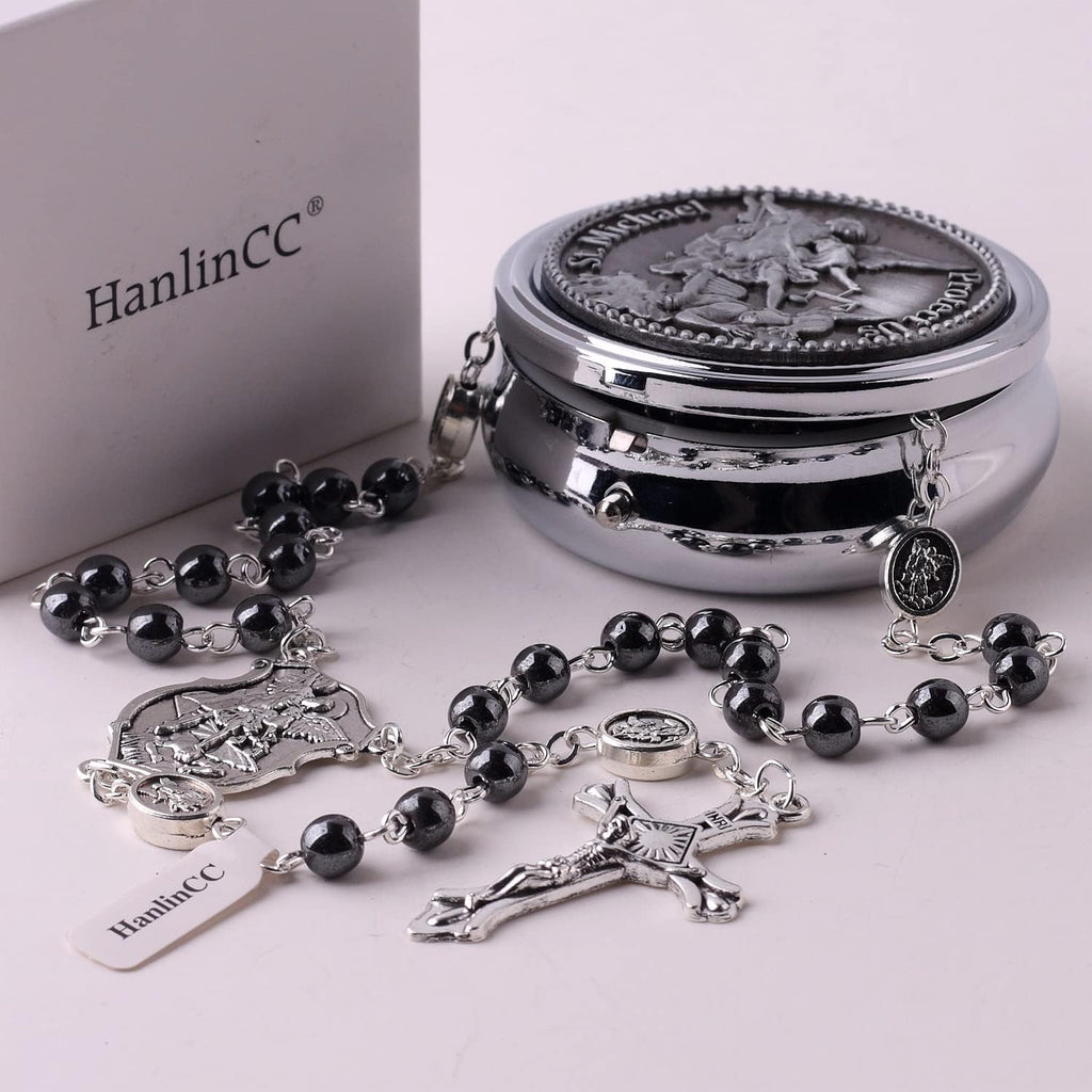 HanlinCC Saint Michael the Archangel Hematite Black Stone Beads Rosary Necklace with Metal Gift Box for Men