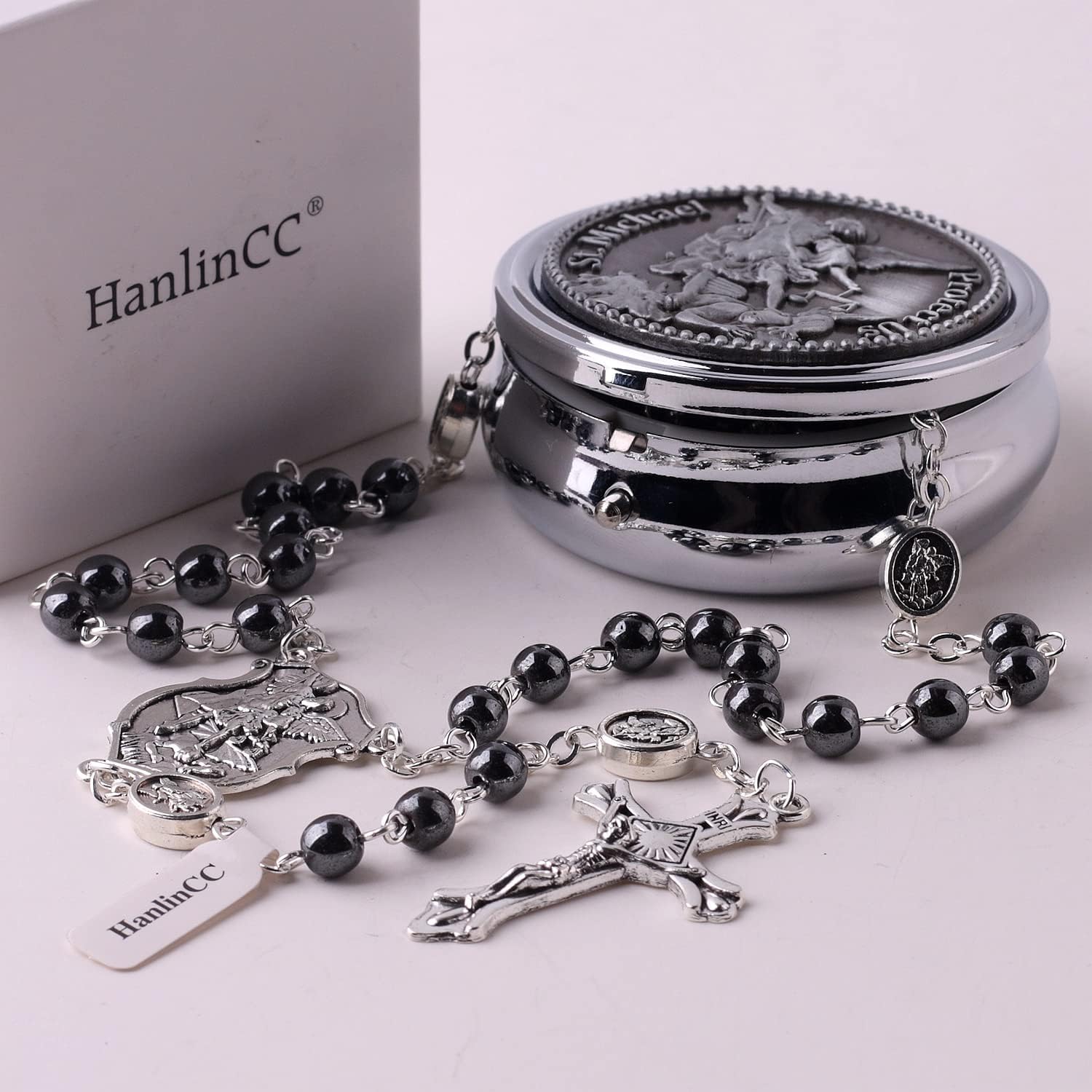 HanlinCC Saint Michael the Archangel Hematite Black Stone Beads Rosary Necklace with Metal Gift Box for Men