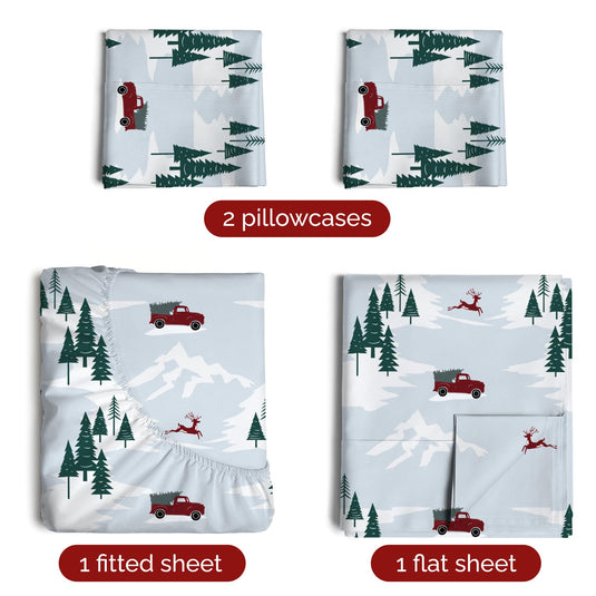 King Christmas Tree Sheet Set - Holiday Xmas Pattern Linen Set - Deep Pockets - Snug Fit - 4 Piece - Wrinkle Free - Comfy & Cooling Festive Winter Bedding - Easy To Care For - Kid Friendly