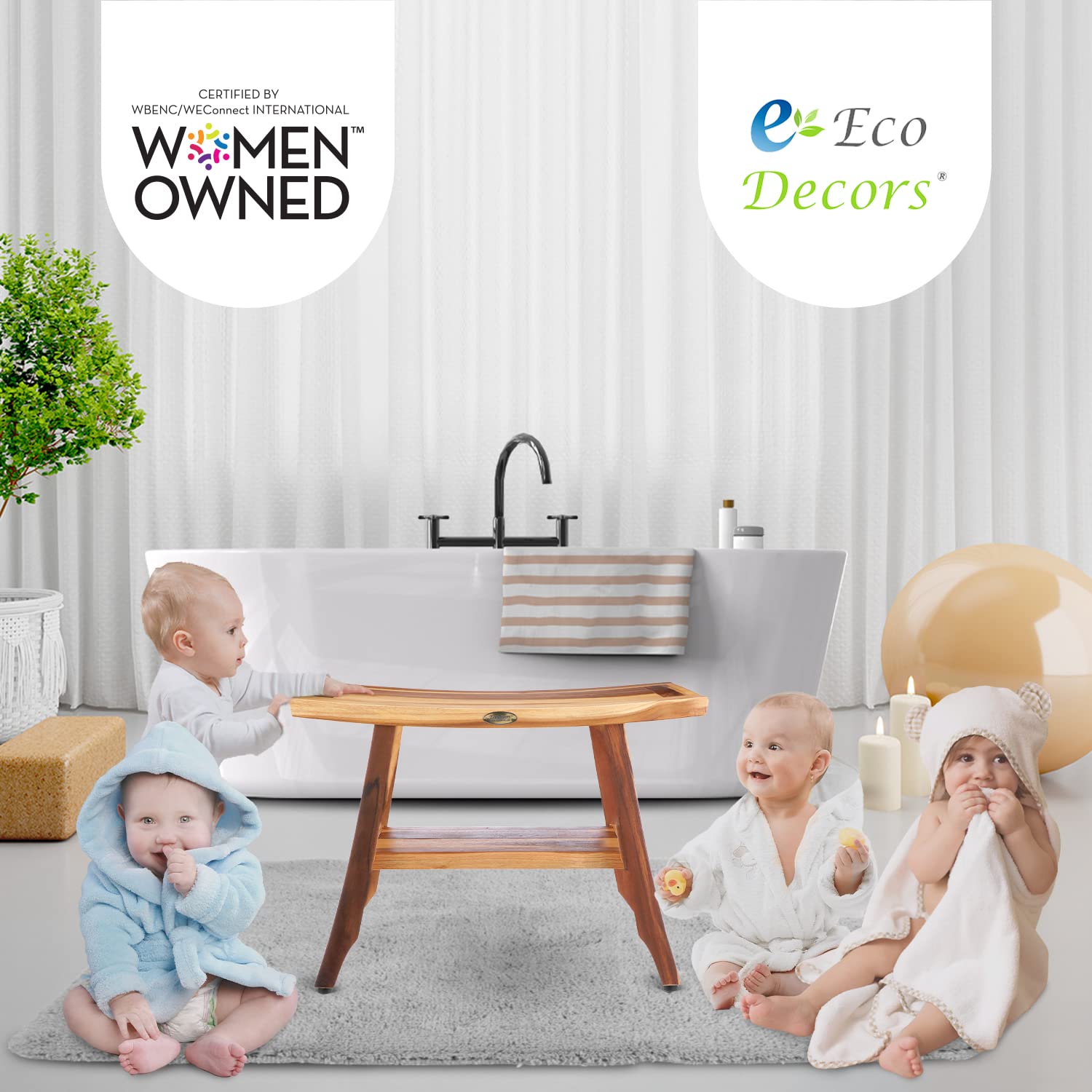 EcoDecors 24 Inch Satori Natural Teak Waterproof Teak Wood Shower Bench Stool Seat Chair for Inside Shower Provides Safety, Storage, and Organization for Bathroom Accessories