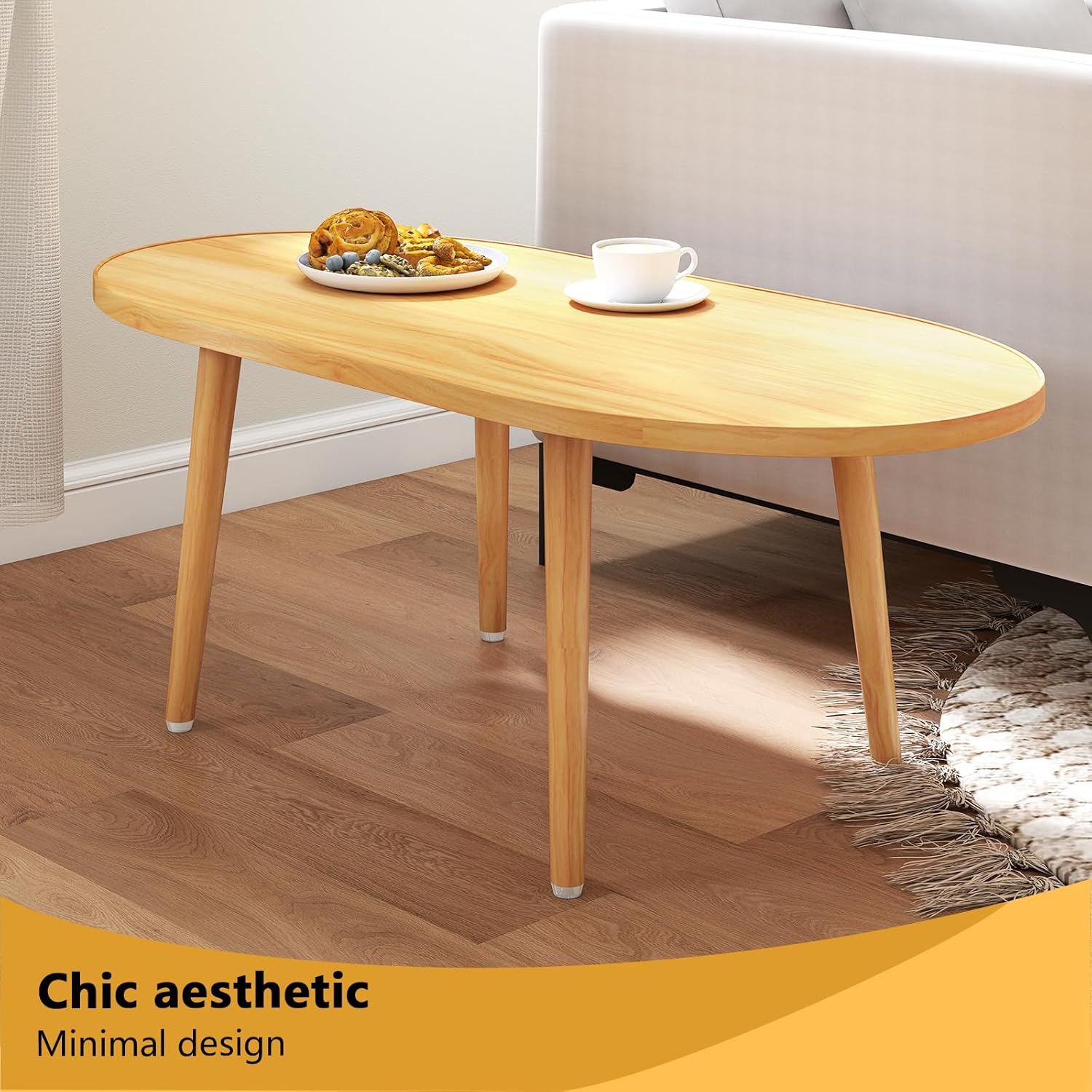 Oval Coffee Table Low Table with 4 Solid Wood Sturdy Legs, Floor Table Desk for Sitting on The Floor, Storage and Living Room Furniture (Natural)