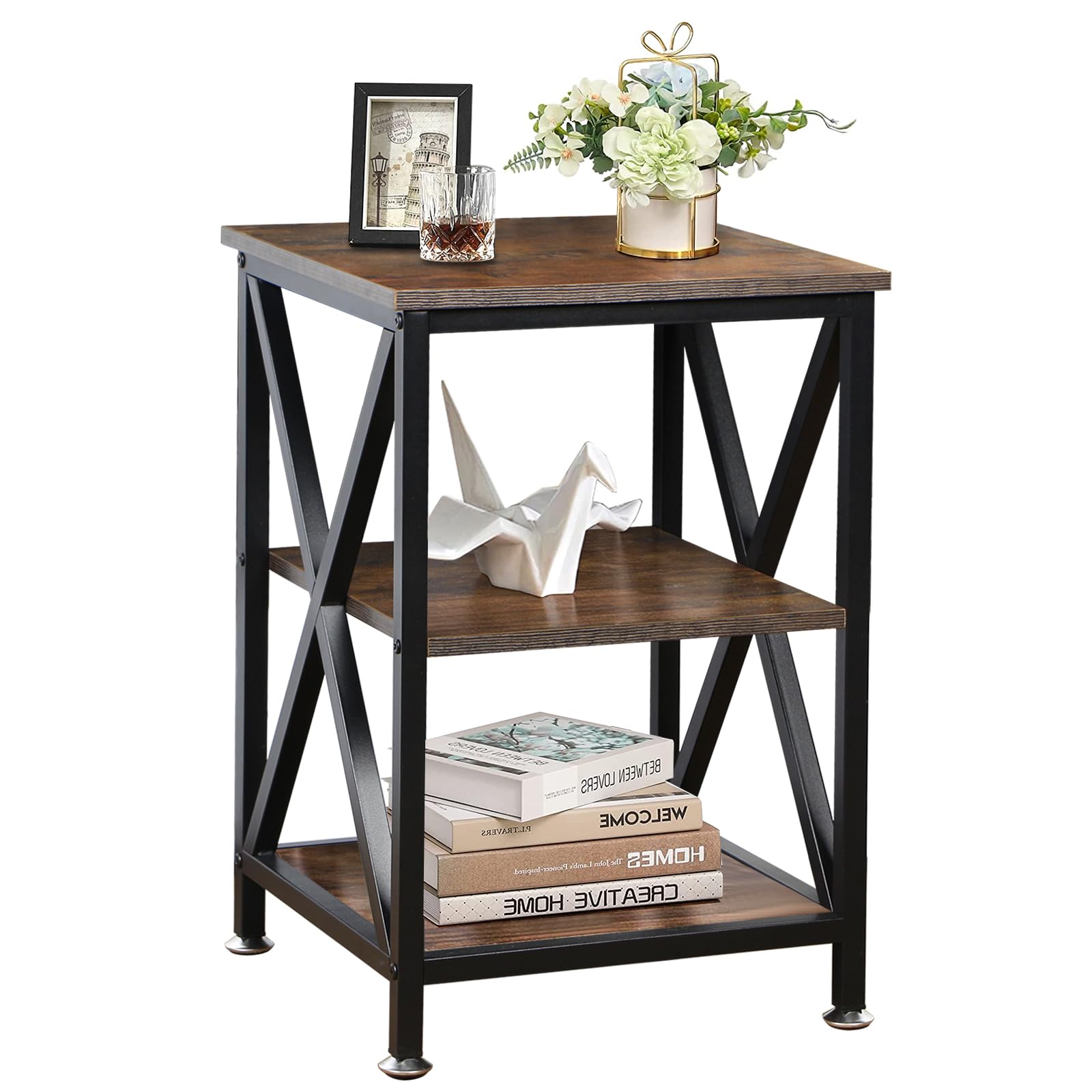 End Tables Living Room Set of 2 Farmhouse, Side Table with Storage Shelf, 16" W x 12" D x 24" H, 3 Tier Side Table Set of 2, X-Shaped Night Stands for Bedrooms, Coffee Table