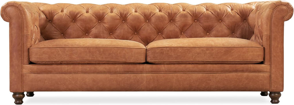 Poly & Bark Lyon Leather Couch - 87.4 Inch Sofa - Full-Grain Leather Sofa for Living Room with Feather-Down Topper - Living Room Couch - Vintage Italian Leather in Cognac Tan
