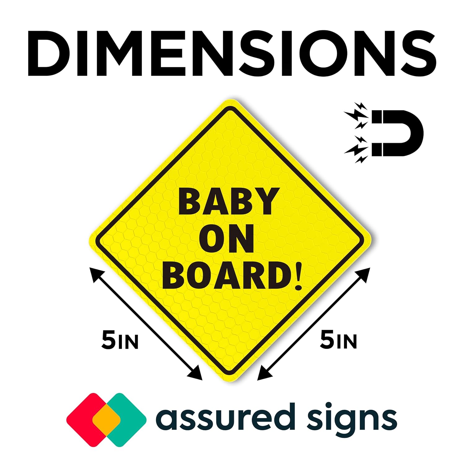 Baby On Board MAGNET Sign for Car - 2 Pack, 5" by 5" - Essential Magnetic Sticker for Bumper - Bright Yellow and Reflective - Best Safety Sign Accessories for Cars