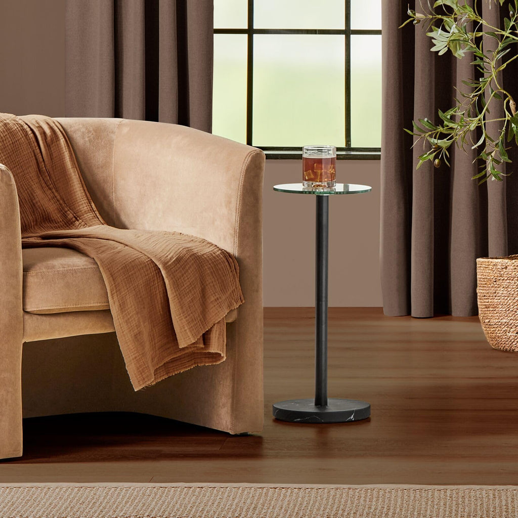 mDesign Glass Top Side/End Drink Table - Small Modern Round Accent Metal Nightstand Furniture for Living Room, Dorm, Home Office, and Bedroom - 9" Round - Clear/Soft Brass