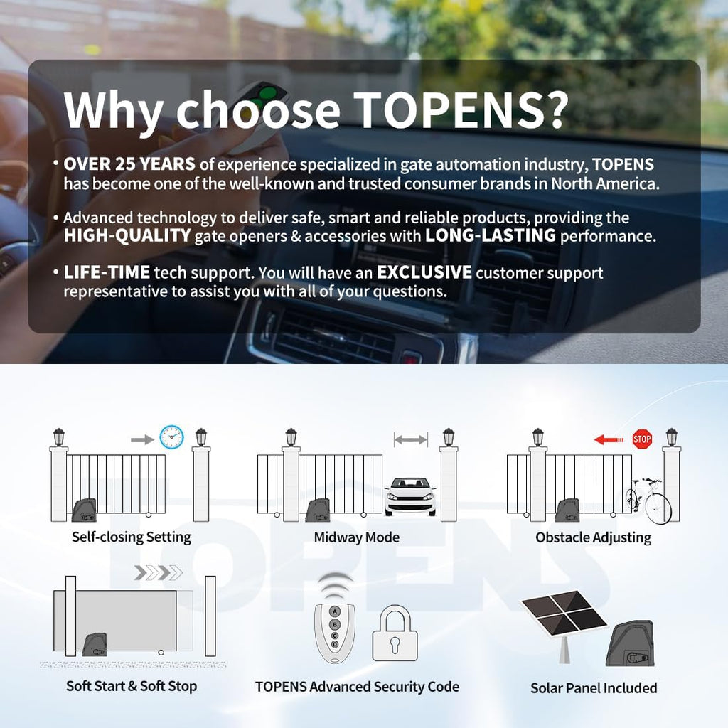 TOPENS DKR1100ST Solar Sliding Gate Opener Rack Drive Automatic Gate Motor for Heavy Driveway Slide Gates Up to 2600 Pounds, Electric Gate Operator Battery Powered with Solar Panel Remote Control Kit