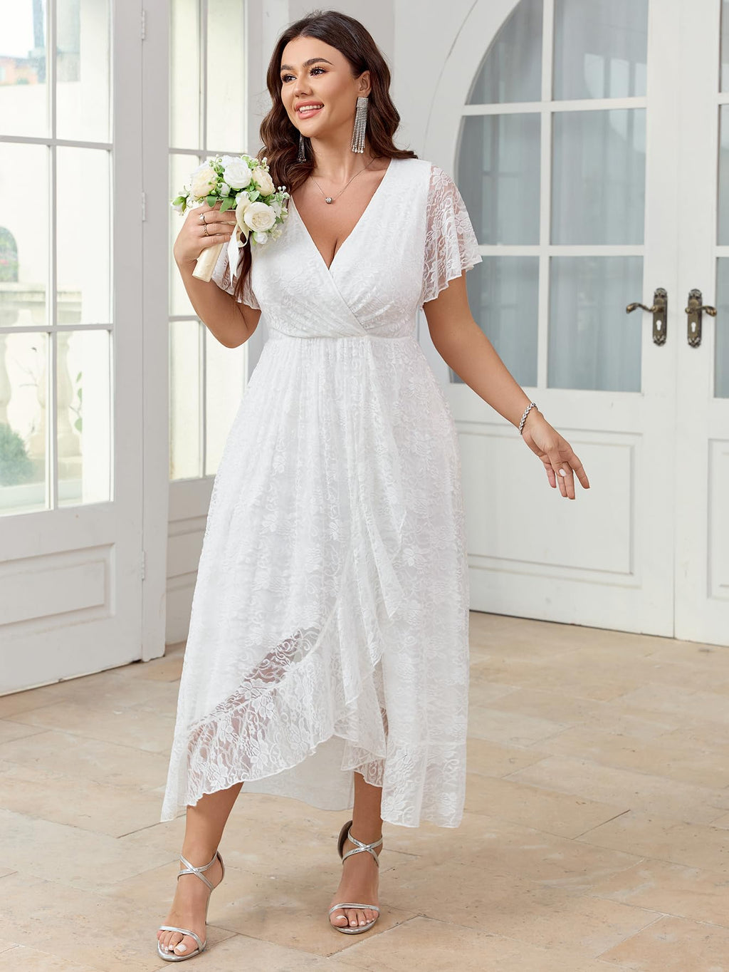 SCOMCHIC Womens Plus Size Wedding Guest Dress Formal Lace Wrap V Neck High Low Short Sleeve Cocktail Maxi Dresses XL-4XL White